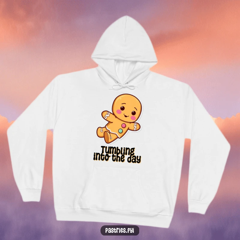 Funny hoodie showing a gingerbread man character with frosting buttons, tumbling forward in a festive and cozy design.