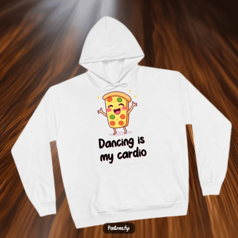 Funny pizza slice hoodie with a Kawaii character performing a comical dance, radiating warmth and amusement.