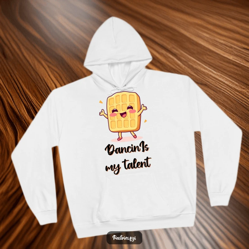 Funny hoodie with a delighted waffle character happily dancing, offering warmth and a touch of sweet, humorous joy.