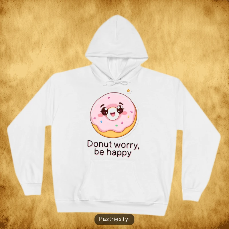 Funny hoodie depicting a wide-eyed donut character spinning with pure delight, radiating comfort and sweet joy.