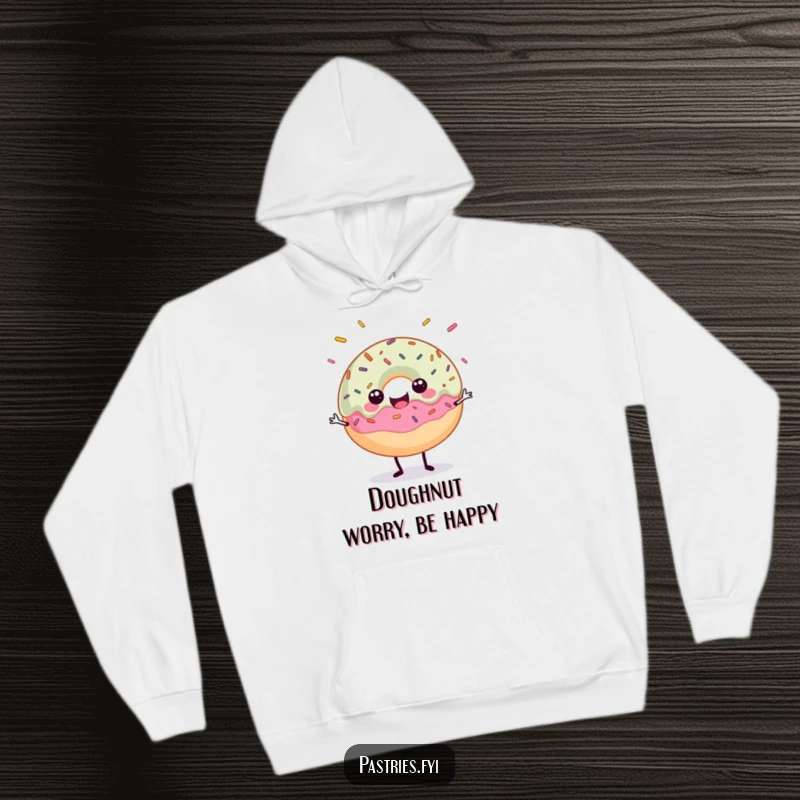 Funny hoodie with a happy donut character juggling colorful sprinkles, perfect for cozy, sweet moments.