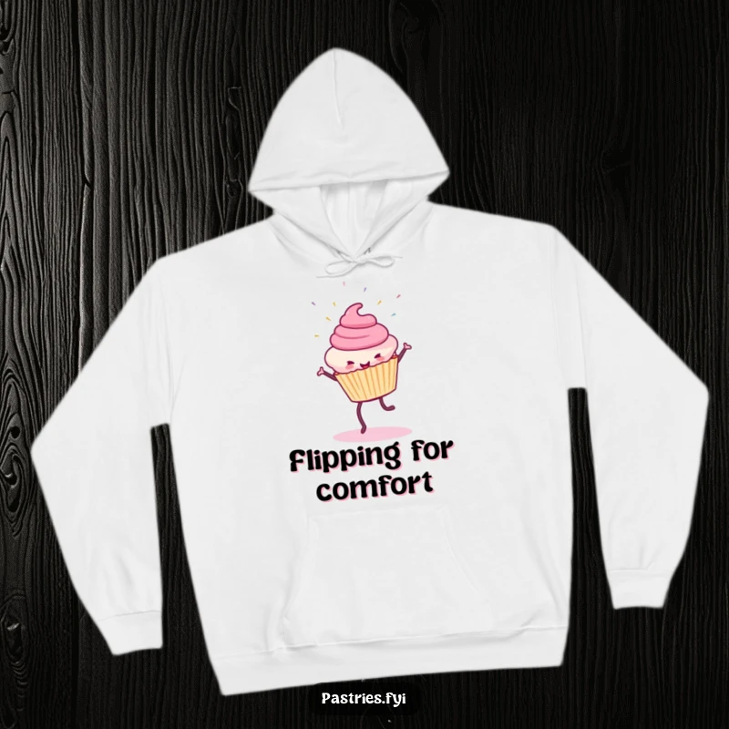 Funny Cupcake Hoodie: A smiling cupcake character in mid-cartwheel, surrounded by a shower of flying sprinkles.