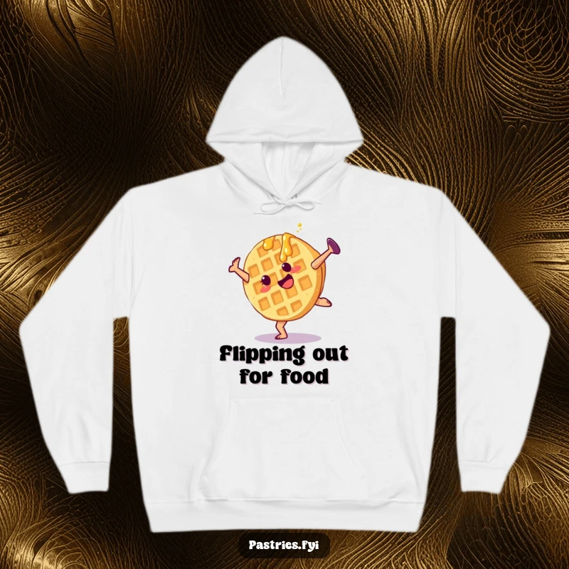 Funny waffle hoodie showing a cartwheeling character with syrup, embodying energetic and sweet breakfast vibes.