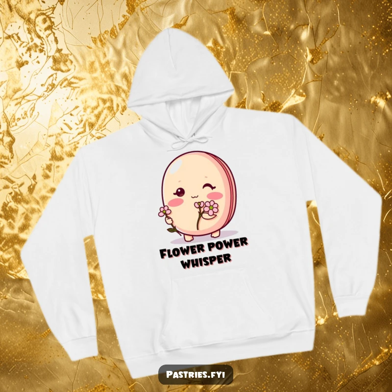 Funny Macaron Hoodie: A bashful macaron character blushing and holding a small, endearing flower, offering cozy charm.