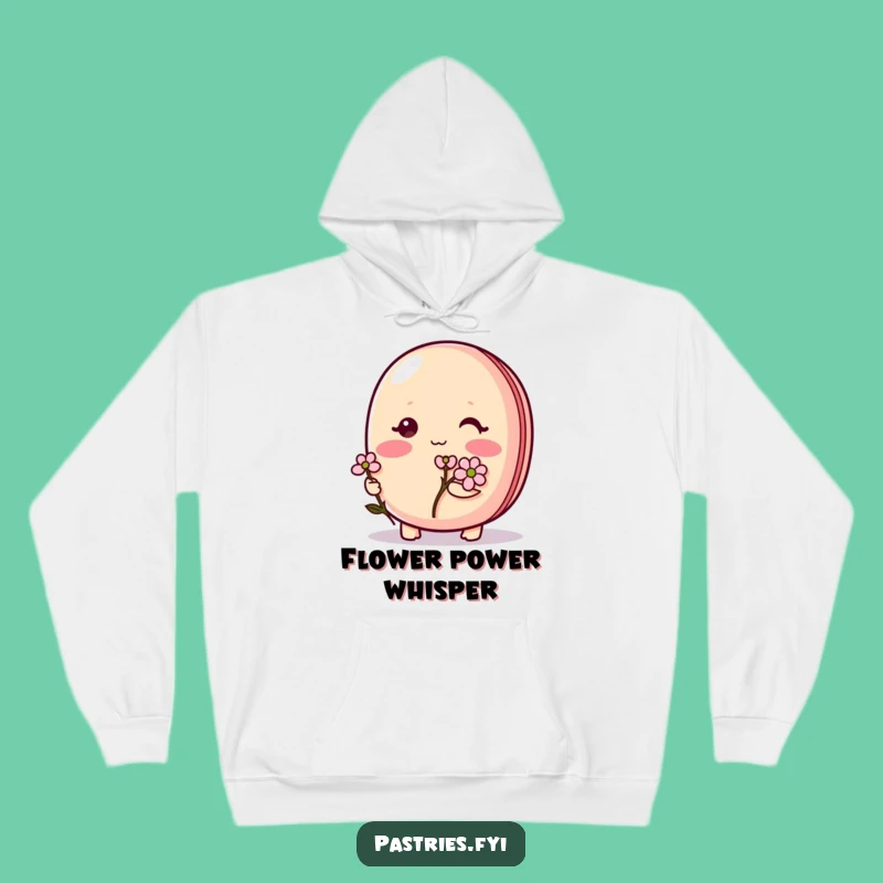 Funny Shy Macaron Hoodie: Cozy blushing character with flower, a perfect warm funny gift.