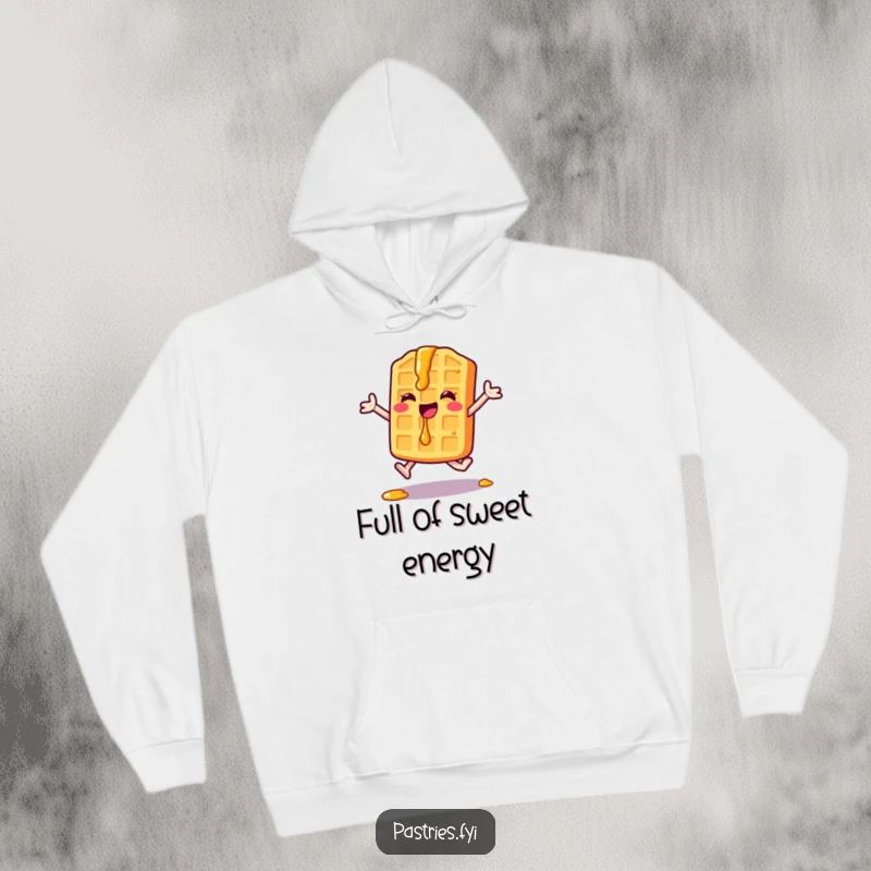 Funny Waffle Hoodie: A happy waffle character performs a jumping jack, surrounded by playful syrup drips, offering cozy breakfast cheer.