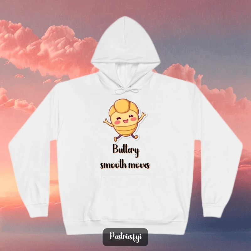 Funny hoodie with a smiling croissant character with legs joyfully leaping, designed for ultimate comfort and cheer.