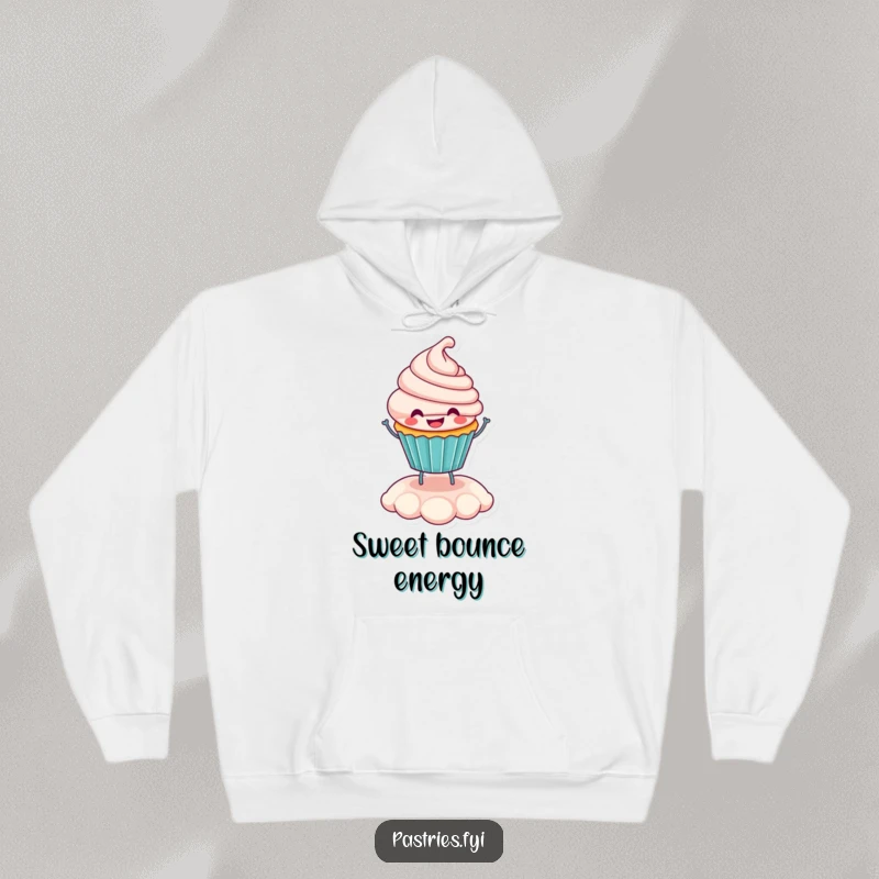Funny smiling cupcake character bouncing on its frosting, depicted on a soft and warm hoodie.