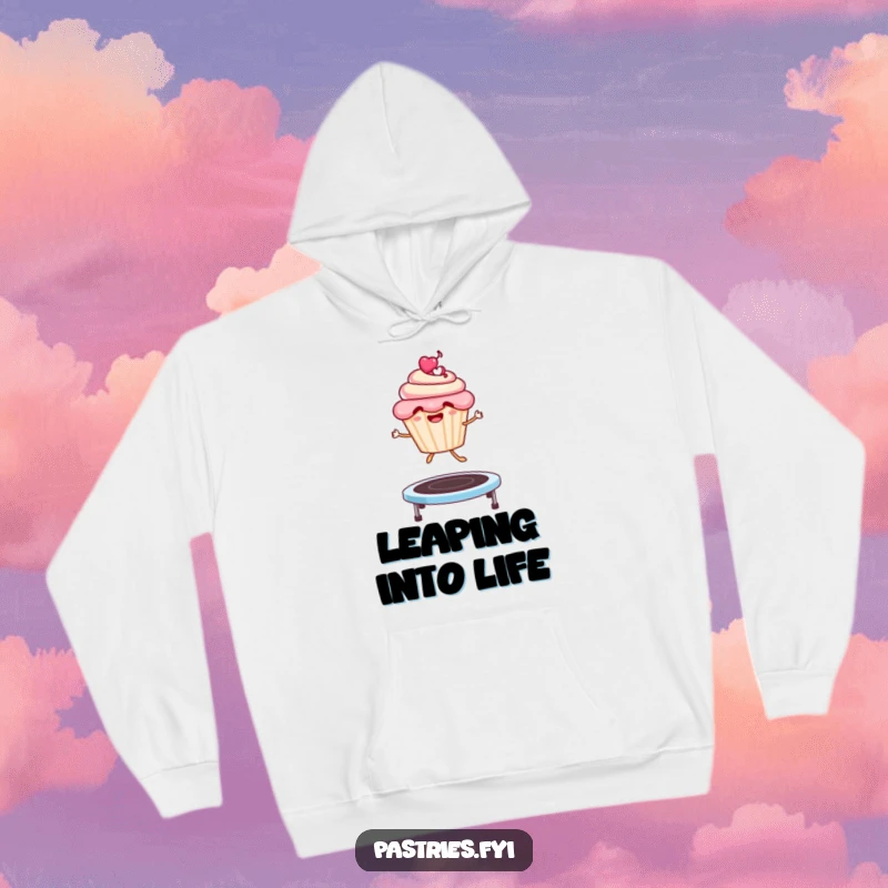 Funny Hoodie: A smiling, energetic cupcake character gleefully jumping on a trampoline, comfort meets humor.