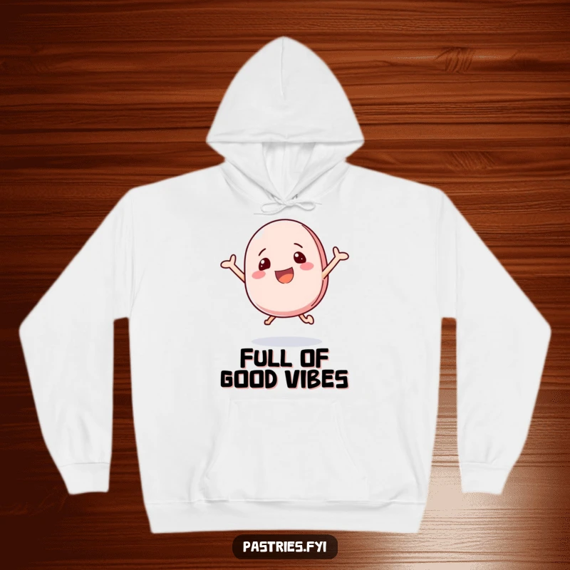 Funny hoodie featuring a happy macaron character bouncing with excitement, designed for ultimate comfort and cheer.