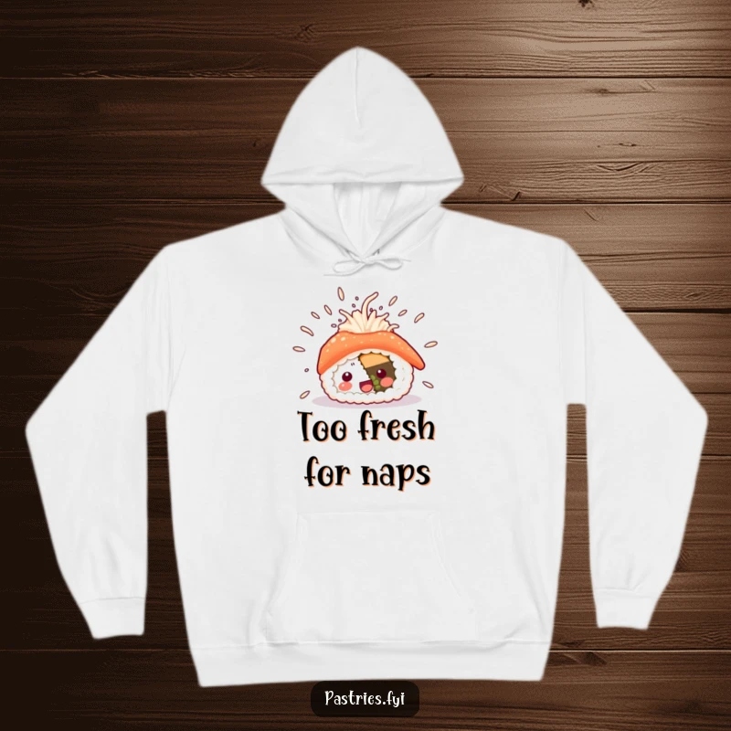 Funny sushi hoodie depicting a happy sushi roll with rice particles airborne, symbolizing pure excitement and comfort, great for chilly days.