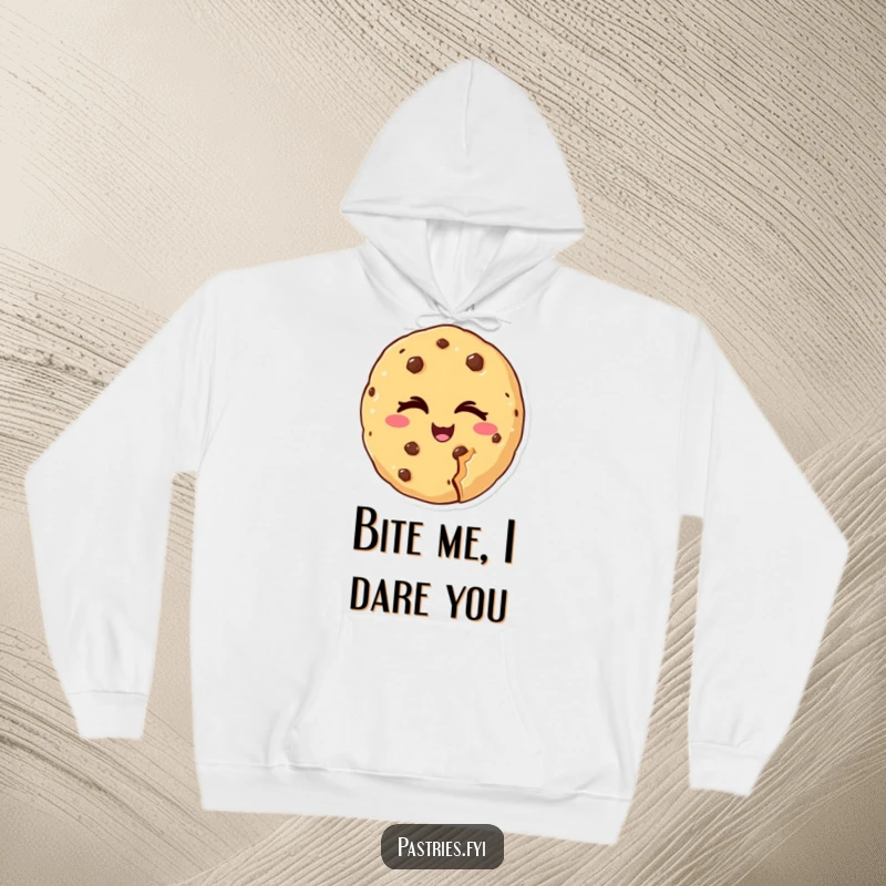 Funny hoodie showing a cheeky cookie character winking with a bite taken out, a comfortable and humorous gift for dessert lovers.