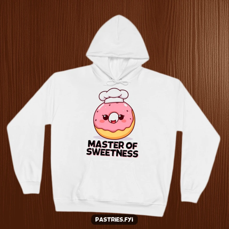 Funny, cheerful donut character wearing a tiny chef hat, offering cozy warmth and humorous baking vibes in a soft hoodie.