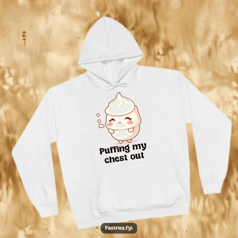 Funny meringue hoodie featuring a shy character puffing air, conveying warmth, comfort, and delicate sweetness.