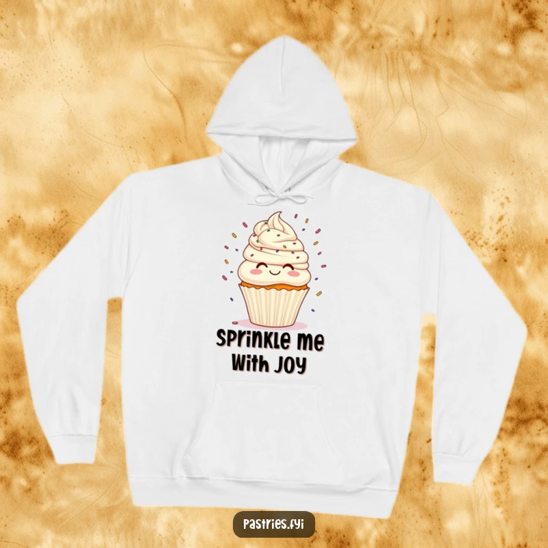 Funny cupcake with swirly frosting hair playfully juggling a handful of bright sprinkles, a cozy and humorous hoodie.