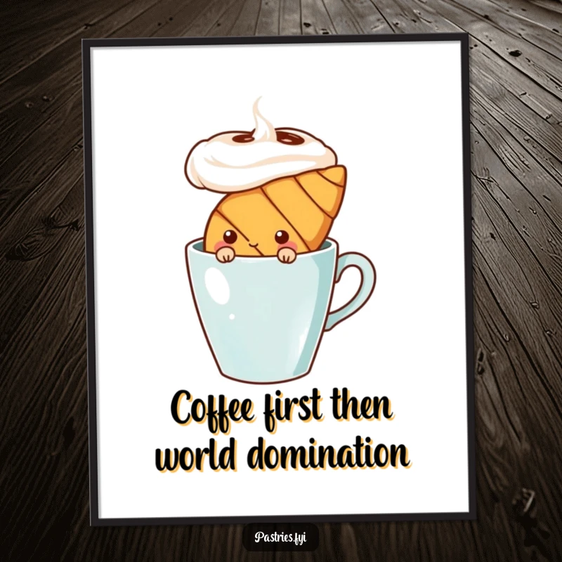 Funny Free Printable Wall Art: A shy croissant character peeking from behind a giant, steaming coffee cup.