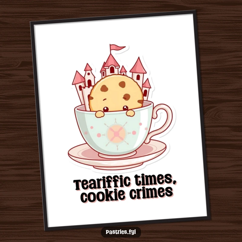 Funny Free Printable Wall Art: A curious cookie character peeking out of a giant teacup castle, full of wonder.