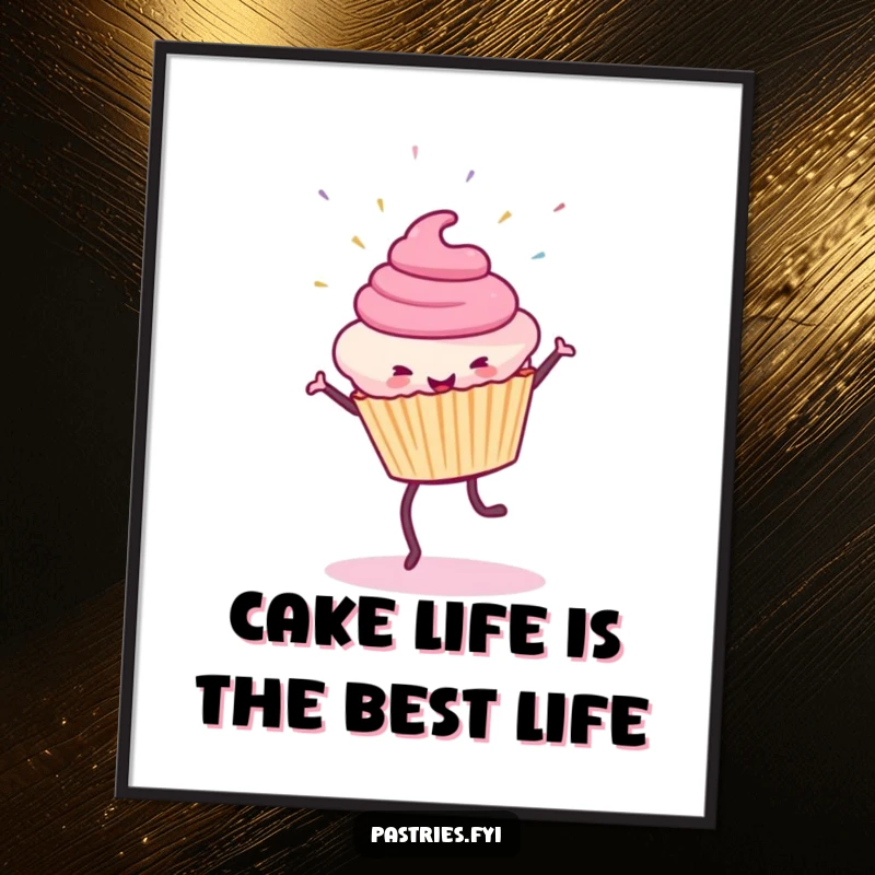 Funny Free Printable Wall Art: A smiling cupcake character doing a cartwheel, with sprinkles flying, creating a joyful scene.