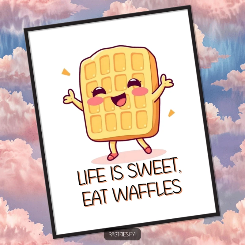 Funny Free Printable Wall Art: A cheerful waffle character doing a joyful little dance, spreading happiness.