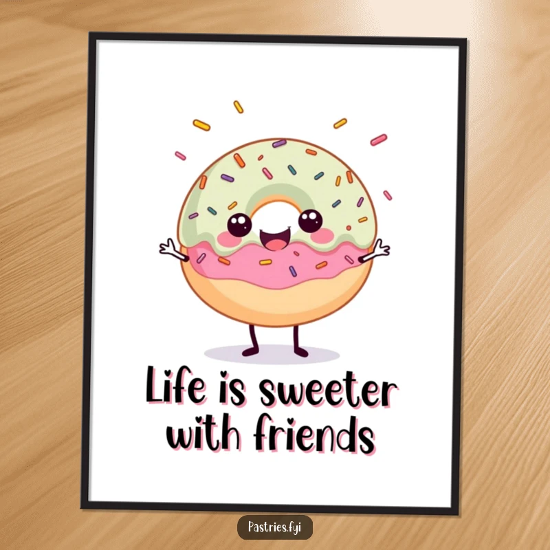 Free Printable Wall Art of a happy donut character joyfully juggling colorful sprinkles, adding a sweet and playful touch to any wall.