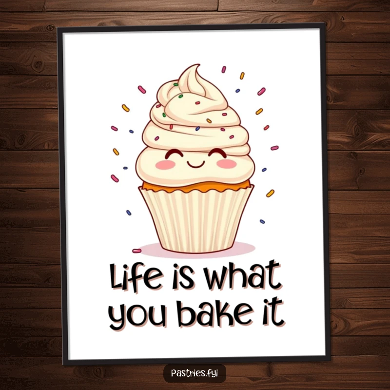 Funny Free Printable Wall Art: A happy cupcake with frosting hair playfully juggling a cascade of colorful sprinkles.