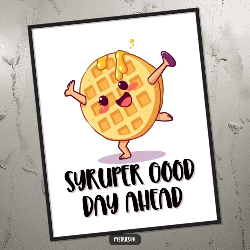 Funny Free Printable Wall Art: A joyful waffle character doing a cartwheel, syrup flying, ideal for a humorous kitchen.