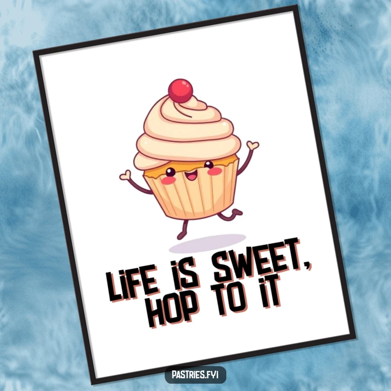 Funny Free Printable Wall Art: A cheerful cupcake with tiny legs, doing a jubilant hop, radiating sweet, infectious positivity.