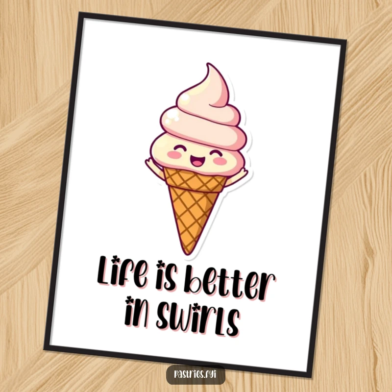 Funny Free Printable Wall Art: An ice cream cone character captured mid-joyful spin, exuding cheerful and sweet vibes.