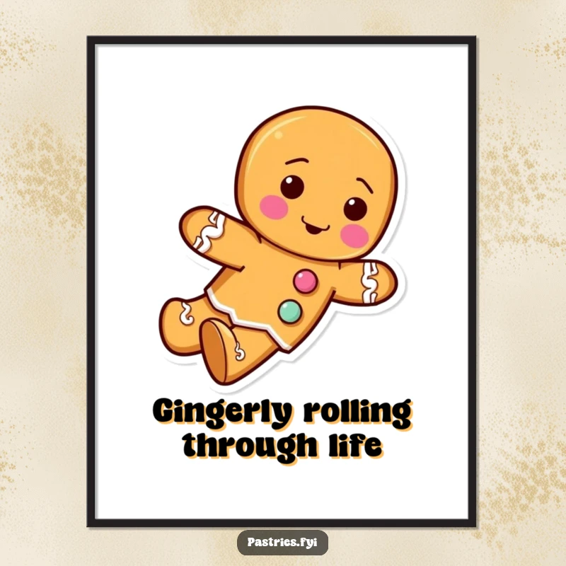 Funny Free Printable Wall Art features a gingerbread man figure with frosting buttons, captured in a comical rolling tumble.