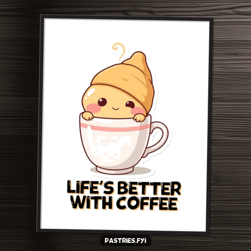 Funny Free Printable Wall Art: A blushing croissant character peeking from a steaming coffee cup, bringing cozy and humorous decor to any room.