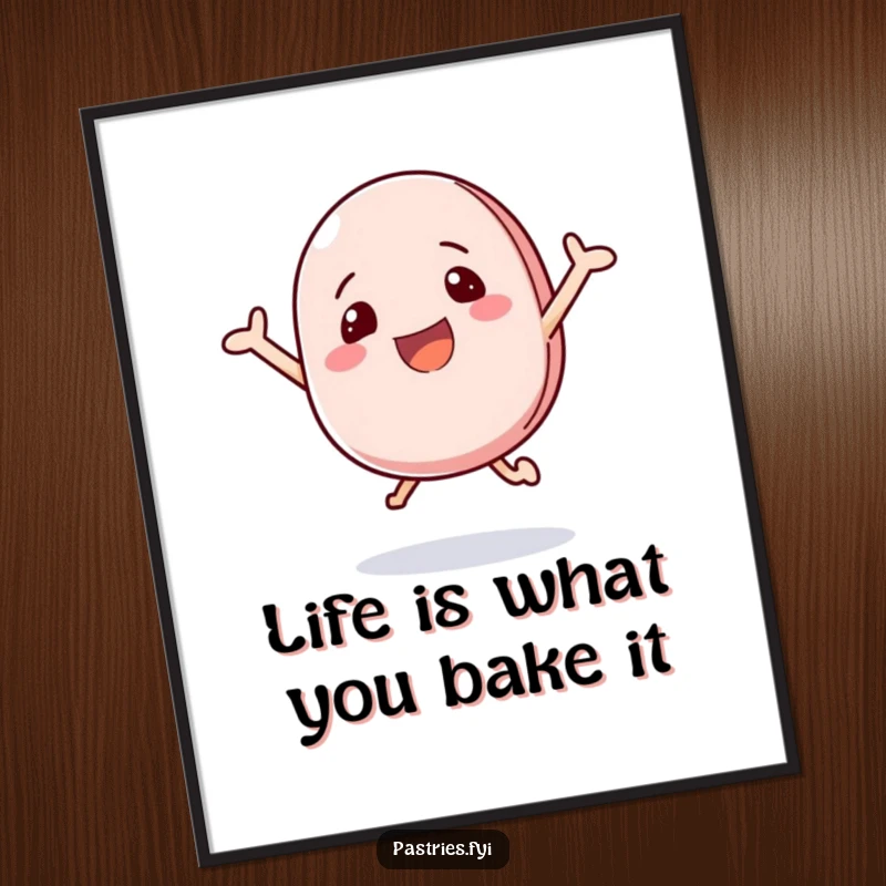 Funny Free Printable Wall Art of a happy macaron character bouncing with contagious excitement.