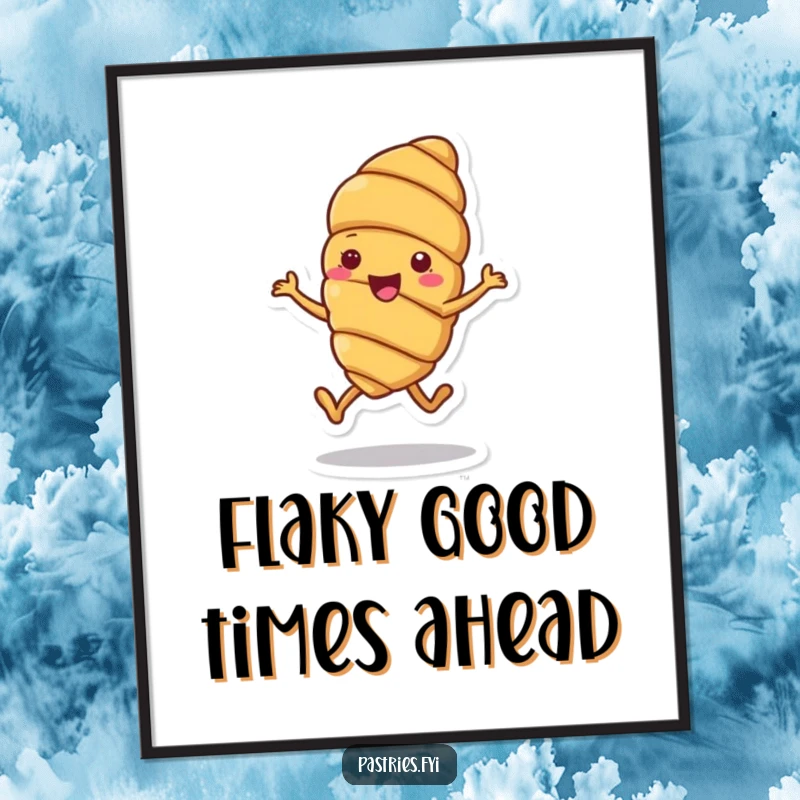 Funny free printable wall art of a happy croissant character frozen in a joyful little hop, exuding pure, unadulterated happiness.
