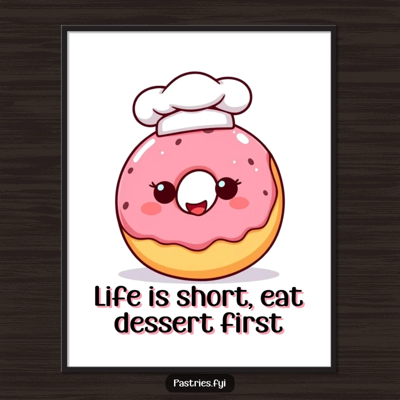 Funny Free Printable Wall Art: A cheerful donut character wearing a tiny chef hat, looking delightful and ready to cook.