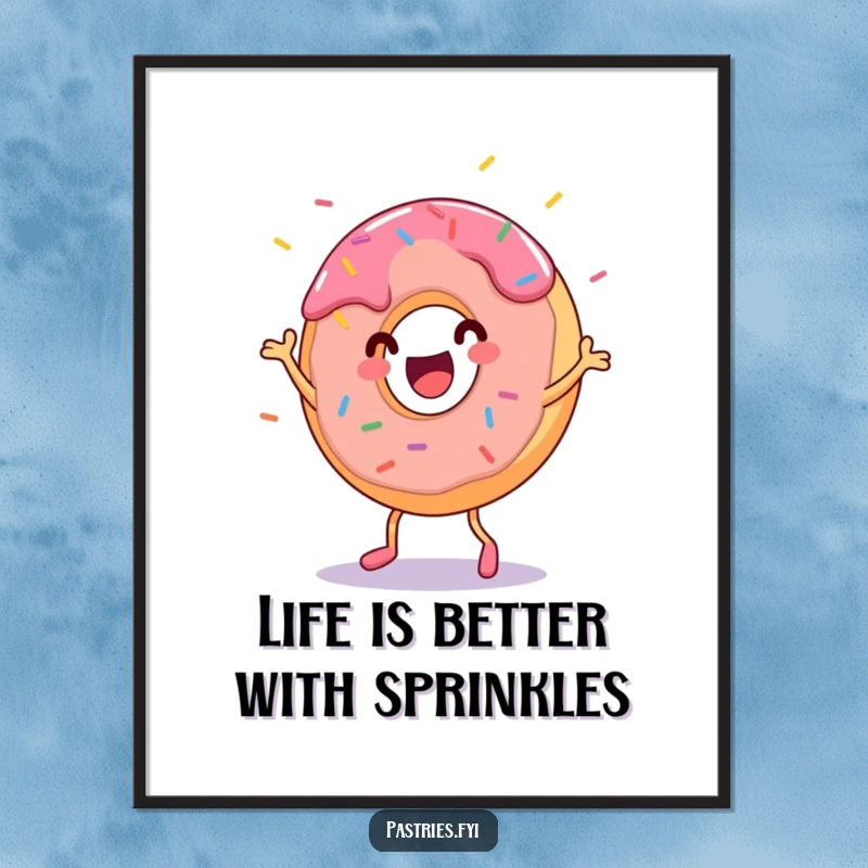 Funny Free Printable Wall Art: A cheerful donut character doing a wild dance with colorful sprinkles flying.