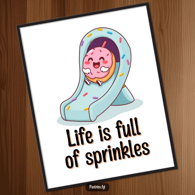 Funny Free Printable wall art of a cute donut character giggling while sliding down a vibrant sprinkle slide, full of joy.