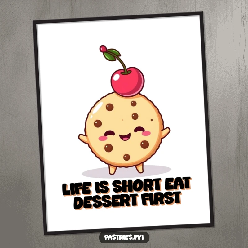Funny Free Printable Wall Art: A mischievous cookie character performing a daring cherry balancing feat.
