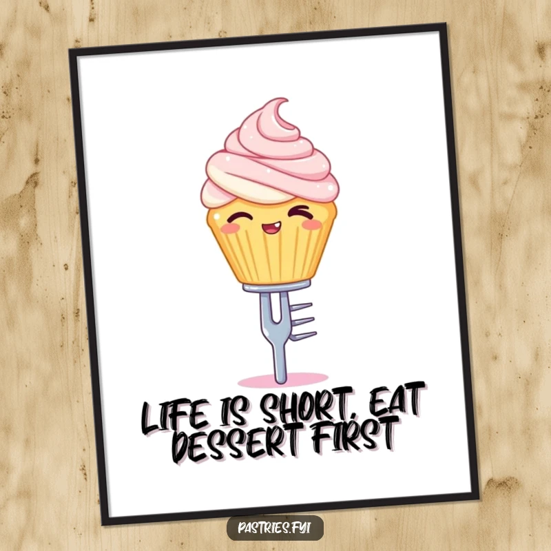 Funny Free Printable Wall Art of a winking cupcake character balancing artfully on a tiny silver fork.