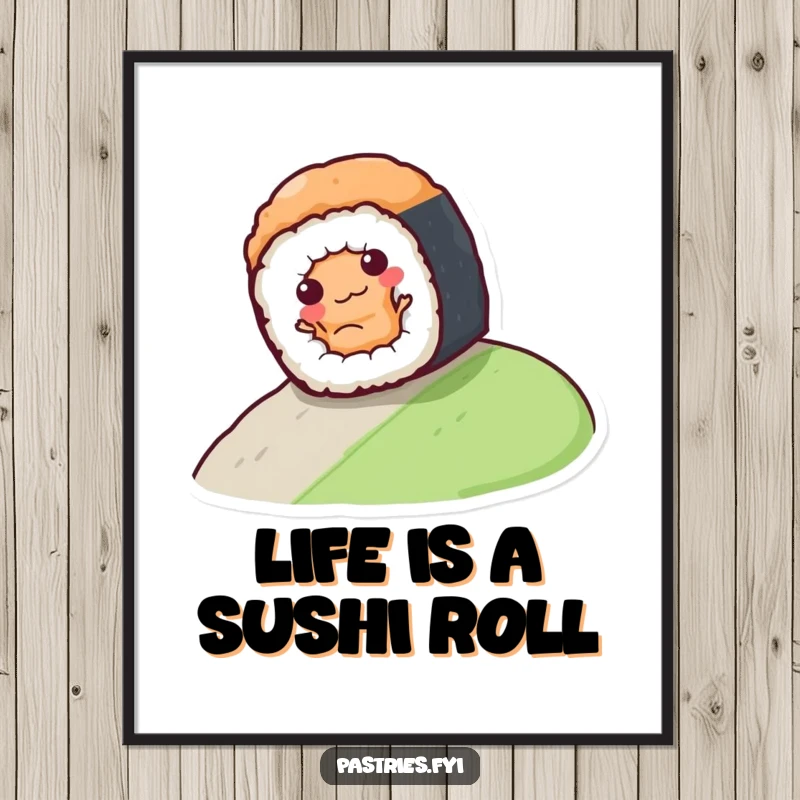 Funny Free Printable Wall Art of a sushi roll character gleefully rolling down a grassy hill, embodying playful energy.