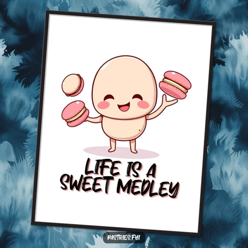 Funny Free Printable Wall Art: A giggling macaron character skillfully juggling three smaller macarons, creating a fun and artistic decorative piece.