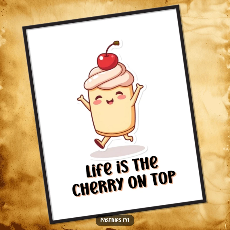 Funny free printable wall art: a pastry character joyfully dances, complete with a cherry cheerfully balanced on its head.