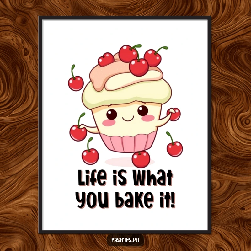 Funny Free Printable Wall Art depicts a gleeful cupcake character energetically juggling several small, red cherries with a wide smile.