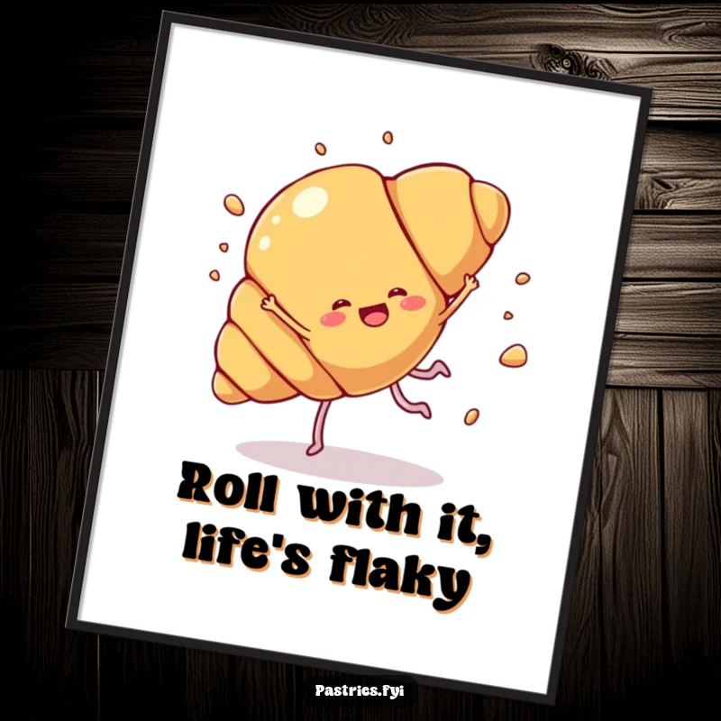 Funny Free Printable Wall Art: A croissant with legs performs an energetic cartwheel, scattering flaky bits.