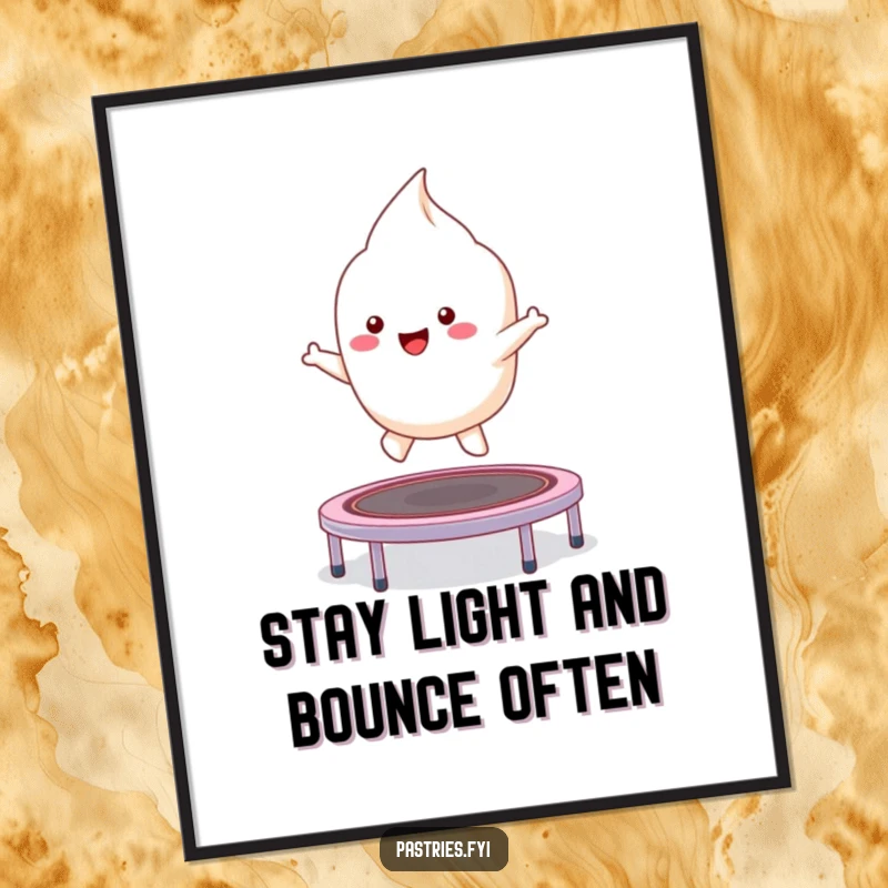 Funny Free Printable Wall Art: A kawaii meringue character is joyfully and excitedly bouncing on a tiny trampoline.