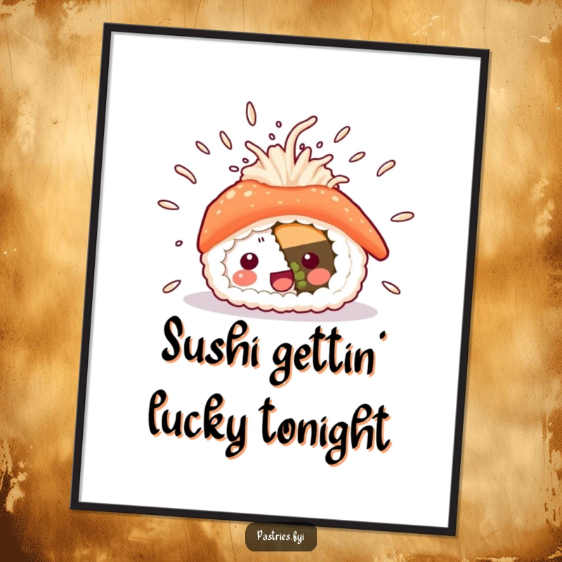 Funny Free Printable Sushi Wall Art: Exuberant sushi character bursting with excitement, rice particles flying dynamically.