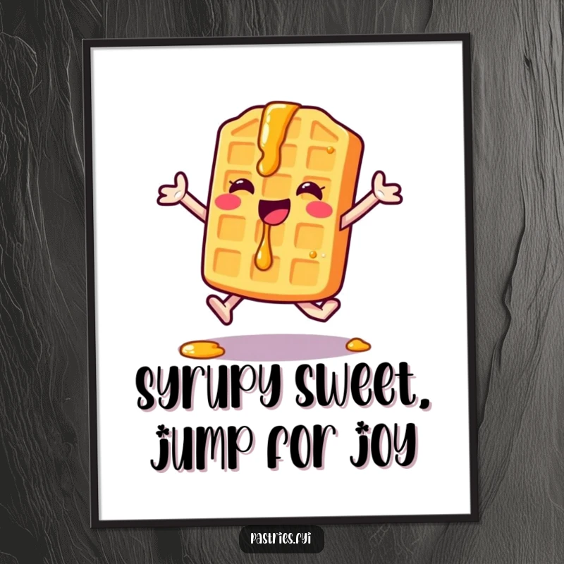 Funny Free Printable Wall Art of a happy waffle character energetically performing a jumping jack with syrup dripping.