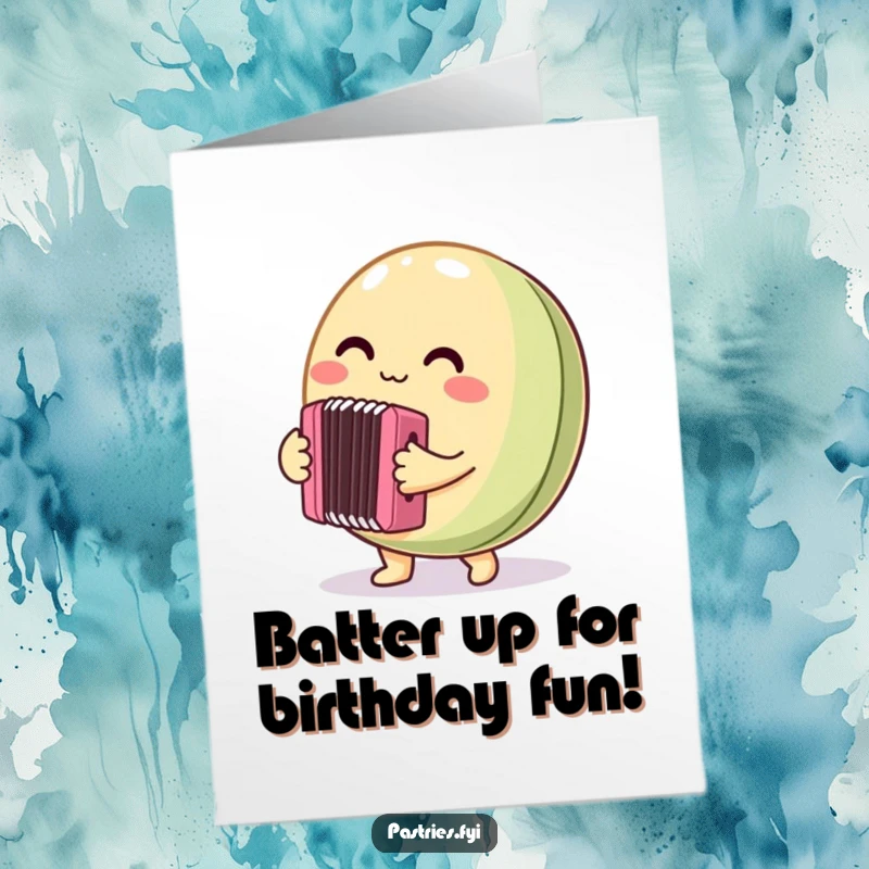 Funny Free Printable Macaron Birthday Card: A round macaron character joyfully playing a tiny accordion.