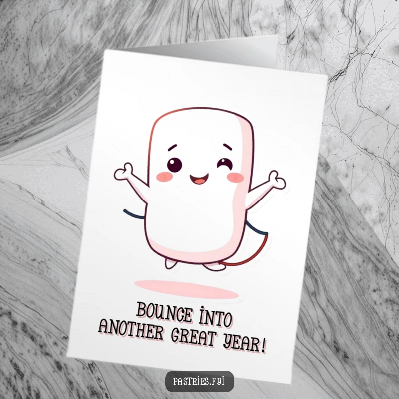 Funny Free Printable Birthday Card: A smiling marshmallow character enthusiastically jumping rope, ready to celebrate.