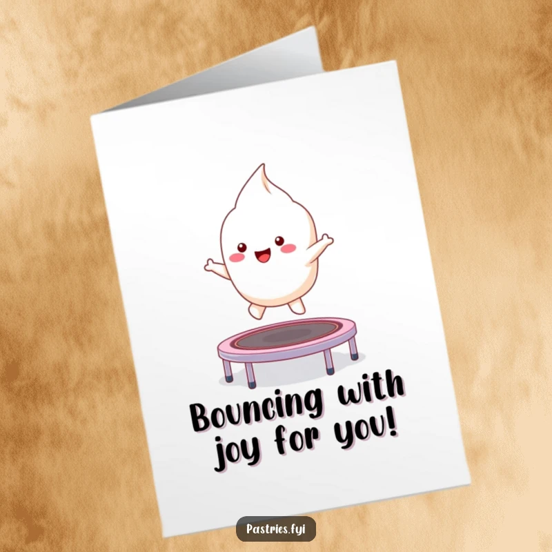 Funny Free Printable Birthday Card: A kawaii meringue character excitedly bounces high on a tiny trampoline.