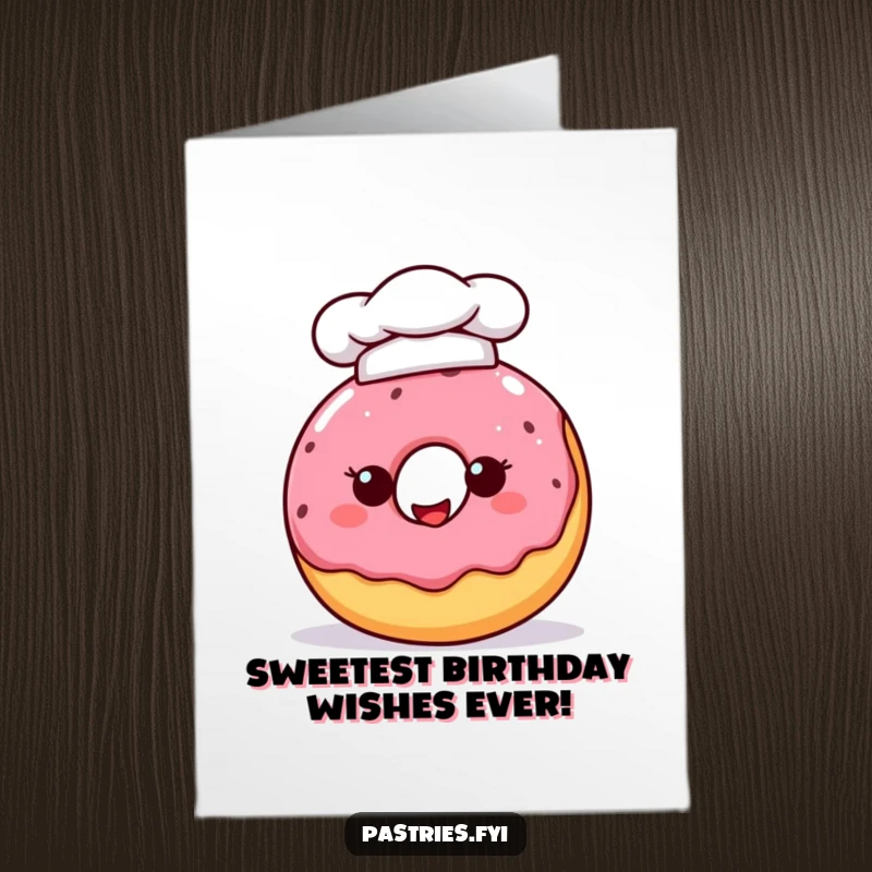 Funny Free Printable Birthday Card: A cheerful donut character smiles widely, wearing a tiny chef hat, ready to bake treats.
