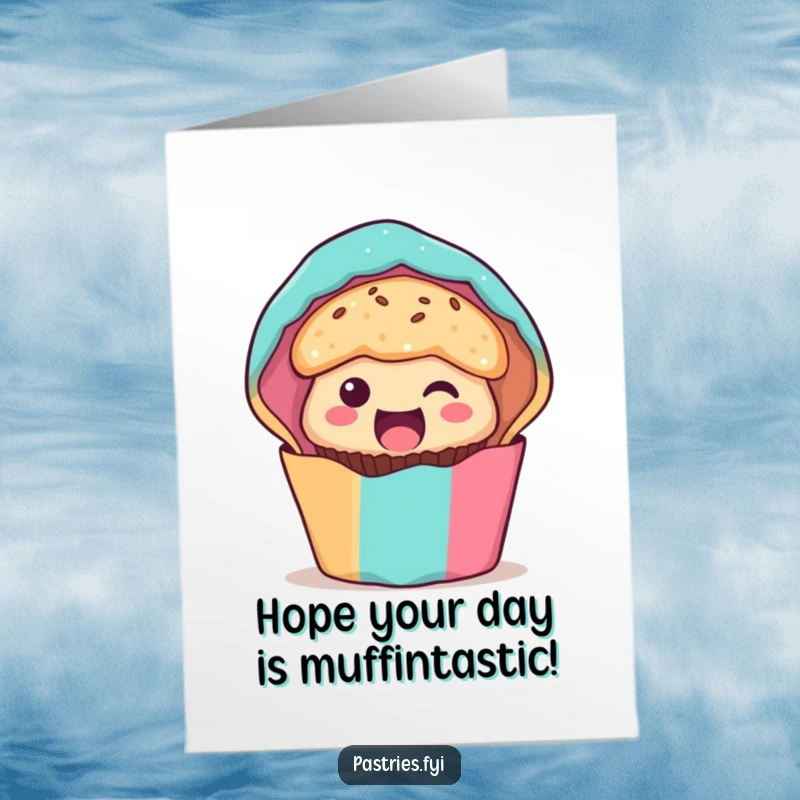 Funny Free Printable Birthday Card: Excited muffin character peeking from colorful wrapper, ready for fun.